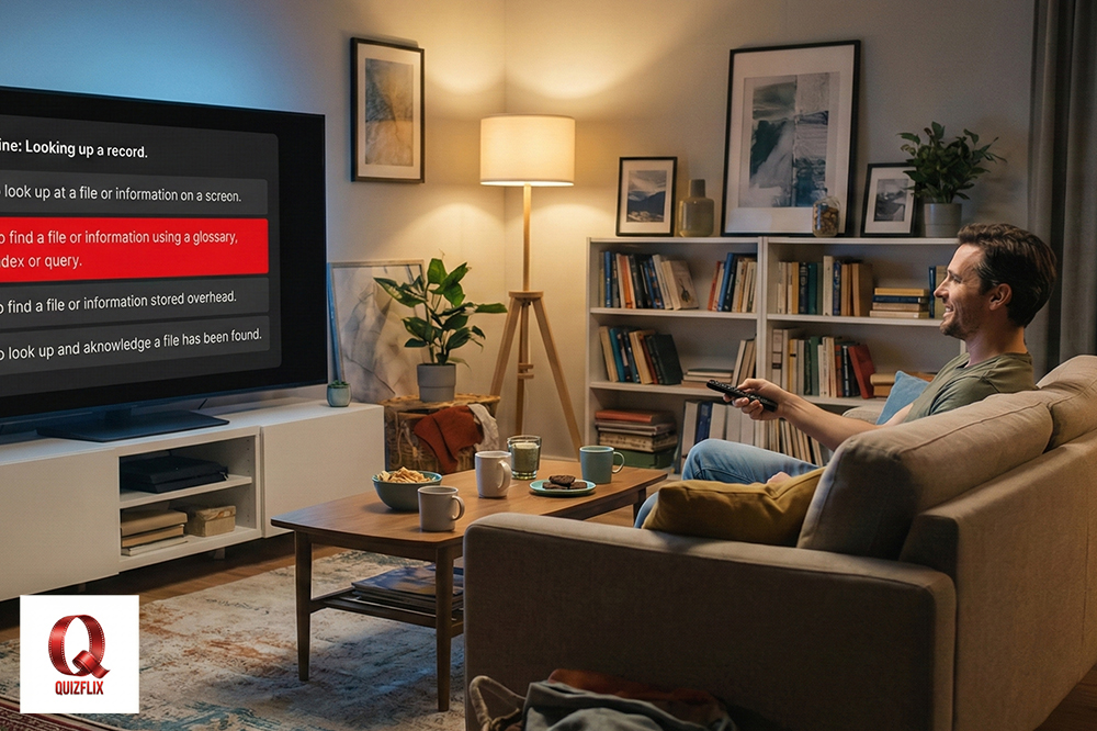 A man playing a Quizflix quiz on his TV.